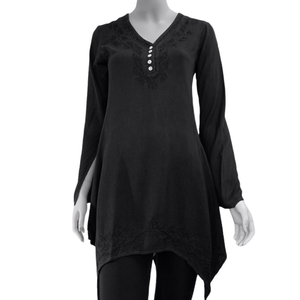 Black Embroidery V Neck Long Sleeve Back Tie Asymmetric Long Chemise Top NEW